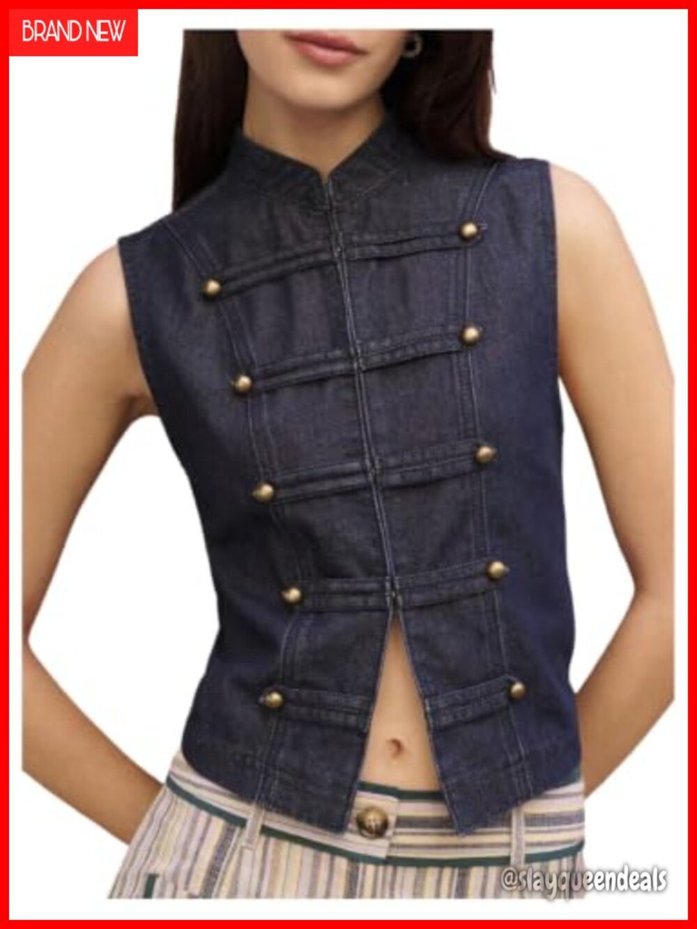 Mock Neck Sleeveless Denim Vest Cropped Military Napoleon Jacket